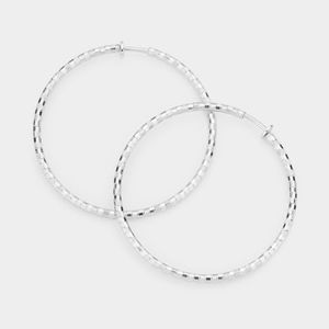 Silver Clip On Hoop Earrings 2.25 Inches Casual Simple Style Textured Jewelry
